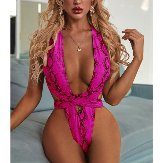 Sexy Snake Pattern Bandage One Piece Swimsuit - Rose Red / L On sale