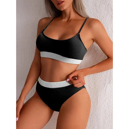 Sexy Solid Ribbed Push Up High Waisted Bikini Swimsuit - Black and White / M On sale