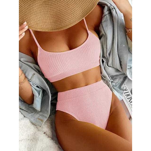 Sexy Solid Ribbed Push Up High Waisted Bikini Swimsuit - Pink / M On sale