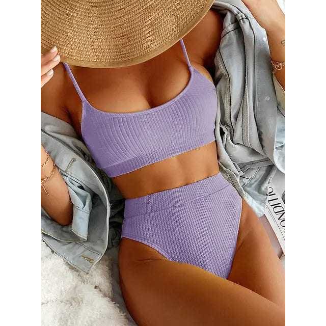 Sexy Solid Ribbed Push Up High Waisted Bikini Swimsuit - Purple 2 / XL On sale