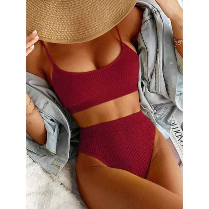 Sexy Solid Ribbed Push Up High Waisted Bikini Swimsuit - Wine Red / M On sale