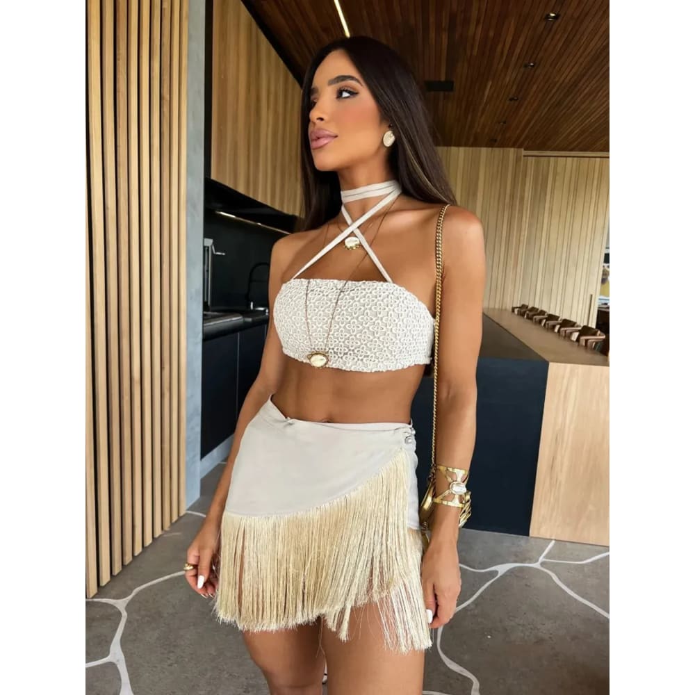 Sexy Tassel Mini Skirt Halter Lace Bra Two Piece Bikini - On sale