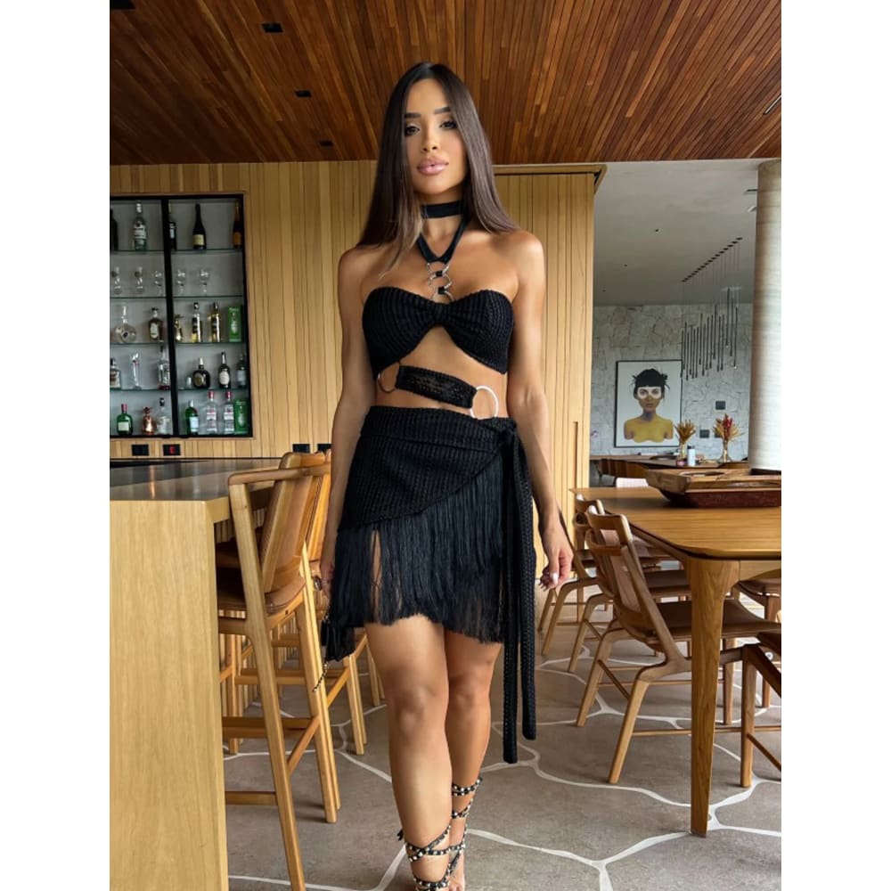 Sexy Tassel Mini Skirt Halter Lace Bra Two Piece Bikini - On sale