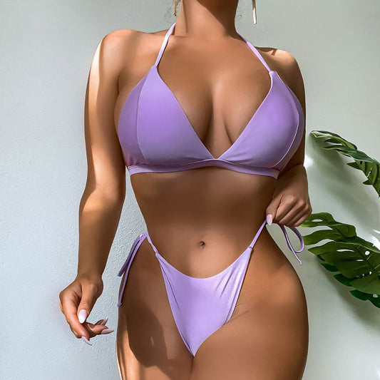 Sexy Tie String Halter Triangle Brazilian Bikini Swimsuit - Lilac / S On sale