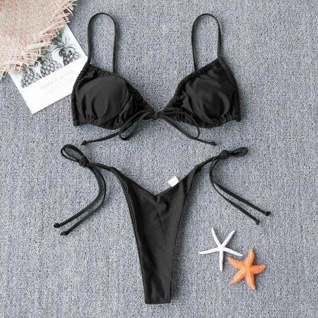 Sexy Triangle Strappy Ruched Brazilian Bikini Swimsuit - Black / M On sale