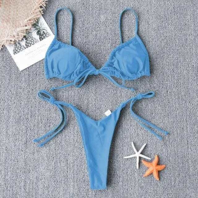 Sexy Triangle Strappy Ruched Brazilian Bikini Swimsuit - Blue / L On sale