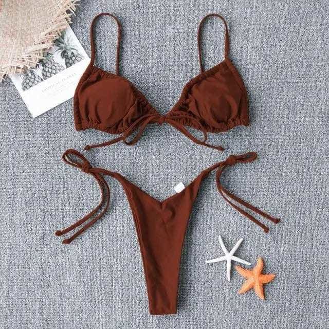 Sexy Triangle Strappy Ruched Brazilian Bikini Swimsuit - Brown / M On sale