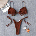 Sexy Triangle Strappy Ruched Brazilian Bikini Swimsuit - Brown / M On sale