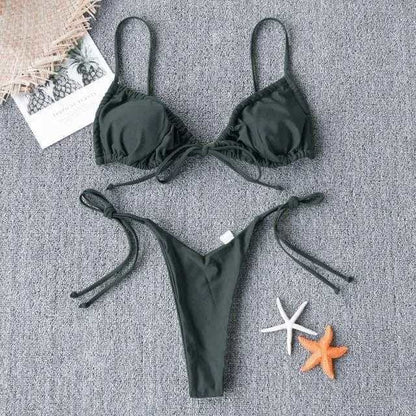 Sexy Triangle Strappy Ruched Brazilian Bikini Swimsuit - Dark gray / L On sale