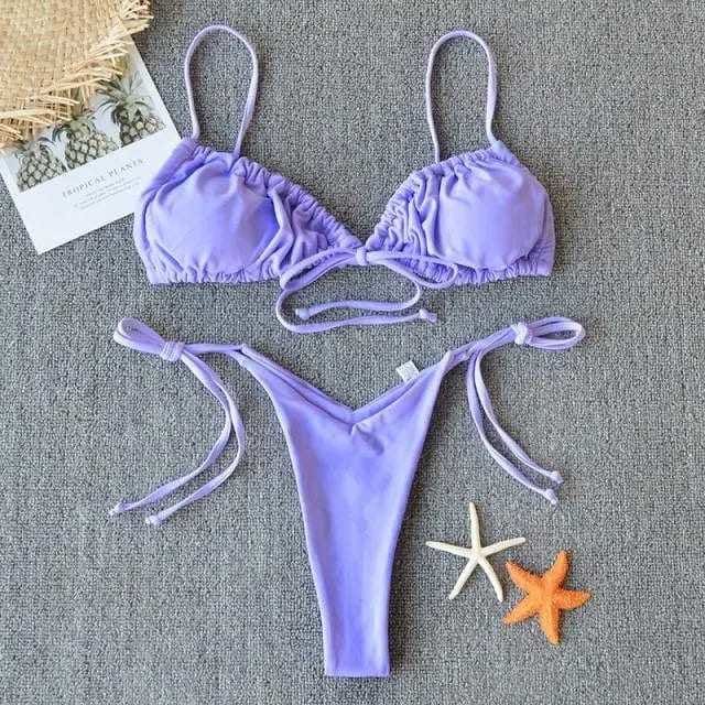 Sexy Triangle Strappy Ruched Brazilian Bikini Swimsuit - Purple / L On sale