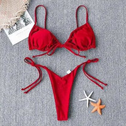 Sexy Triangle Strappy Ruched Brazilian Bikini Swimsuit - Red / L On sale