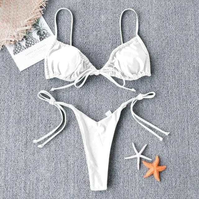Sexy Triangle Strappy Ruched Brazilian Bikini Swimsuit - White / L On sale