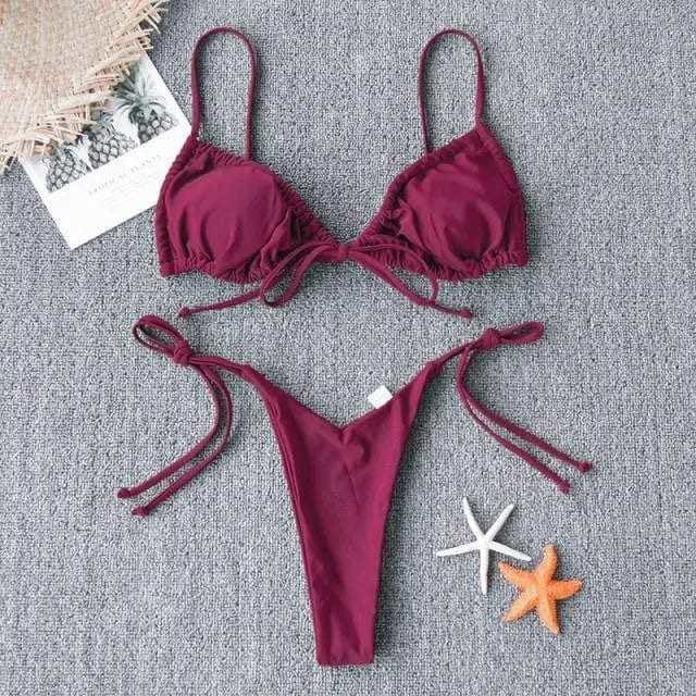 Sexy Triangle Strappy Ruched Brazilian Bikini Swimsuit - Wine red / L On sale