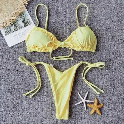 Sexy Triangle Strappy Ruched Brazilian Bikini Swimsuit - Yellow / L On sale
