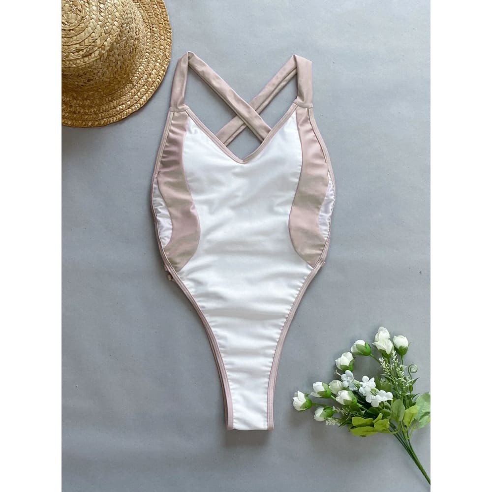 Sexy Two-Tone Back Cross One-Piece Swimsuit - On sale
