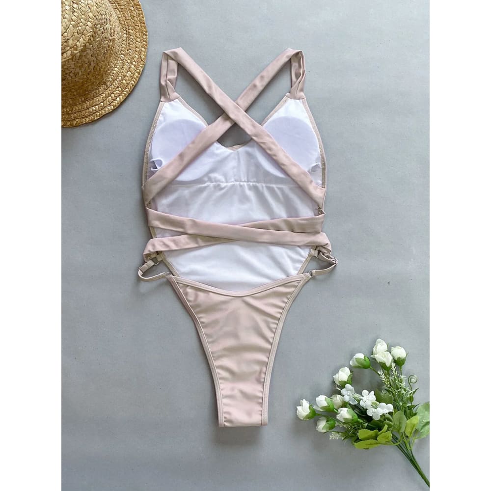 Sexy Two-Tone Back Cross One-Piece Swimsuit - On sale