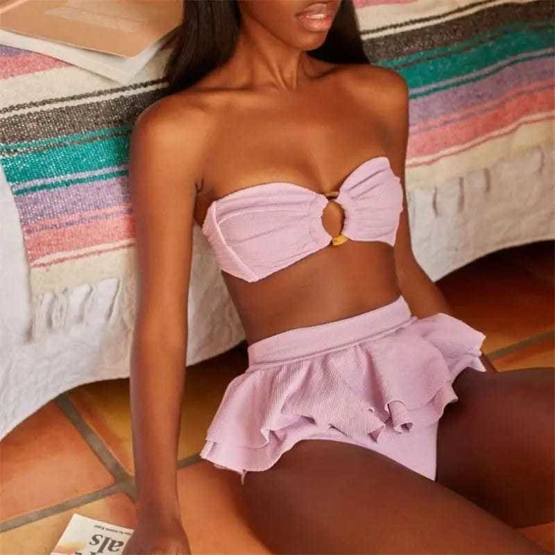 Sexy V Neck Ruffle High Waisted Bandeau Bikini Swimsuit - Pink / M On sale