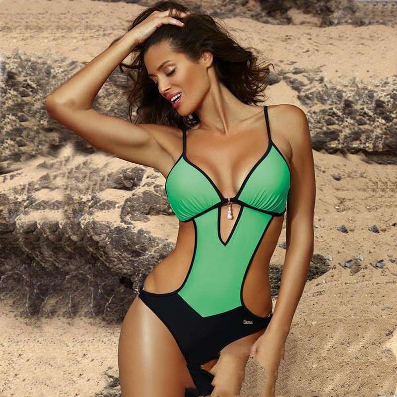 Sexy White Black Contrast Monokini Swimsuit - Green / 2XL On sale