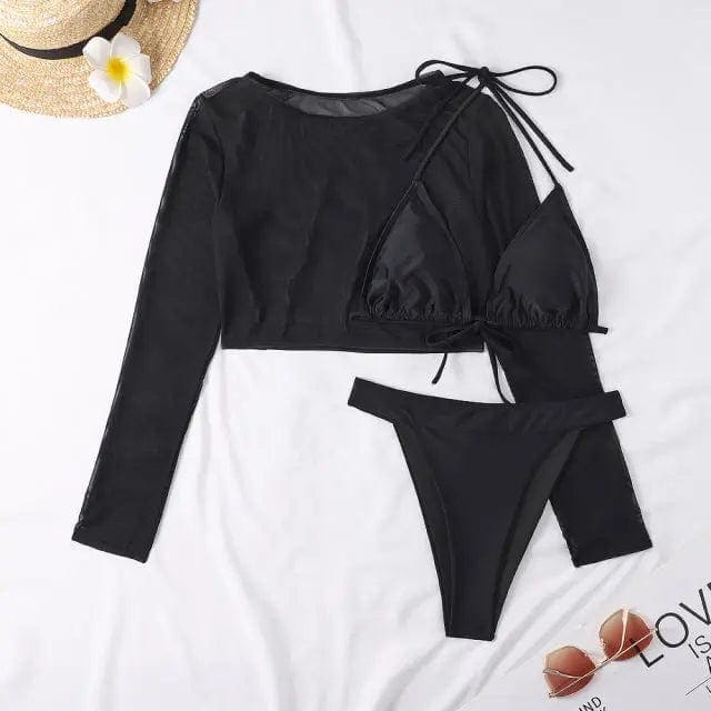 Sexy Yellow Mesh Long Sleeve Cover Ups Top Three Piece Swimsuits - black / XL On sale