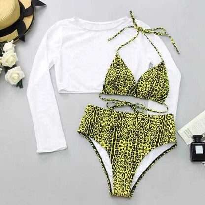 Sexy Yellow Mesh Long Sleeve Cover Ups Top Three Piece Swimsuits - yellow high waist / XL