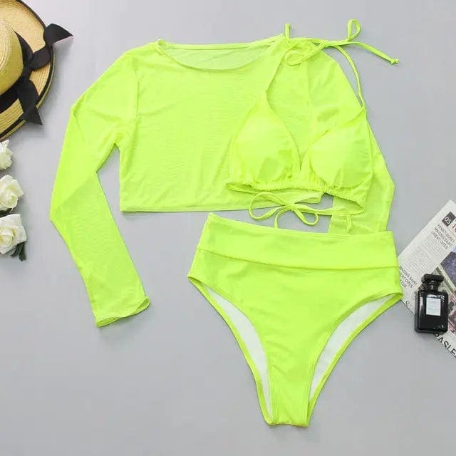 Sexy Yellow Mesh Long Sleeve Cover Ups Top Three Piece Swimsuits - neon high waist / M