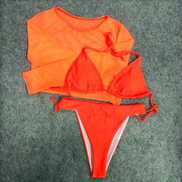 Sexy Yellow Mesh Long Sleeve Cover Ups Top Three Piece Swimsuits - neon orange / XL