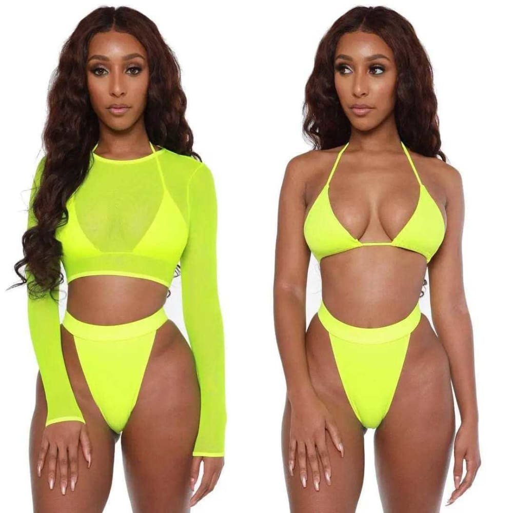 Sexy Yellow Mesh Long Sleeve Cover Ups Top Three Piece Swimsuits - neon yellow / XL