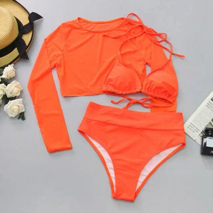 Sexy Yellow Mesh Long Sleeve Cover Ups Top Three Piece Swimsuits - orange high waist / XL