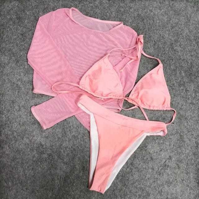 Sexy Yellow Mesh Long Sleeve Cover Ups Top Three Piece Swimsuits - pink / M On sale