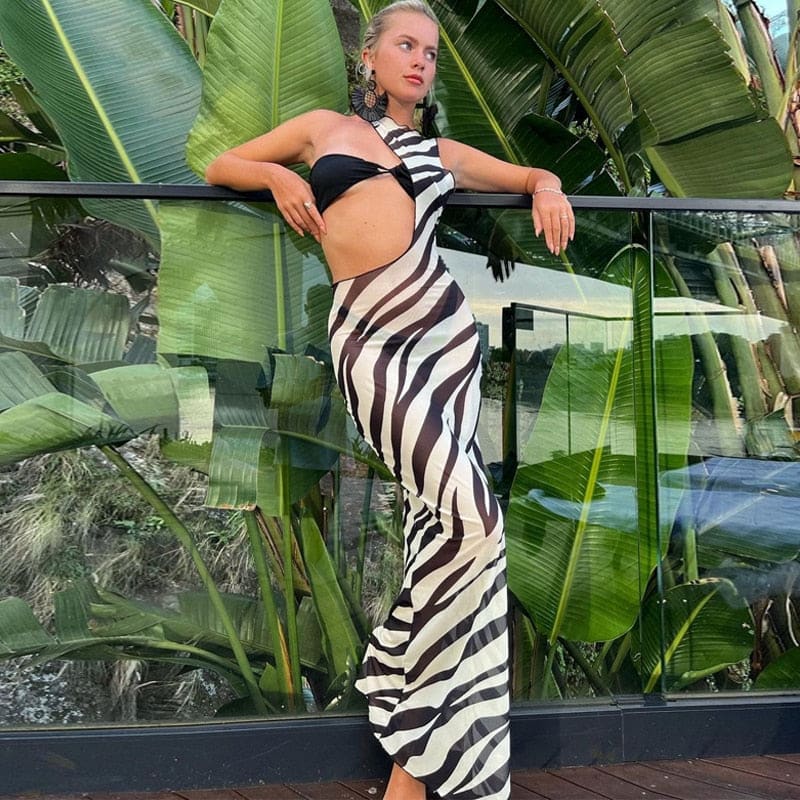 Sexy Zebra Print Long Beach Dress Cover-Ups - On sale