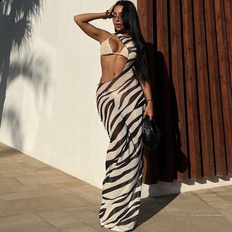 Sexy Zebra Print Long Beach Dress Cover-Ups - On sale