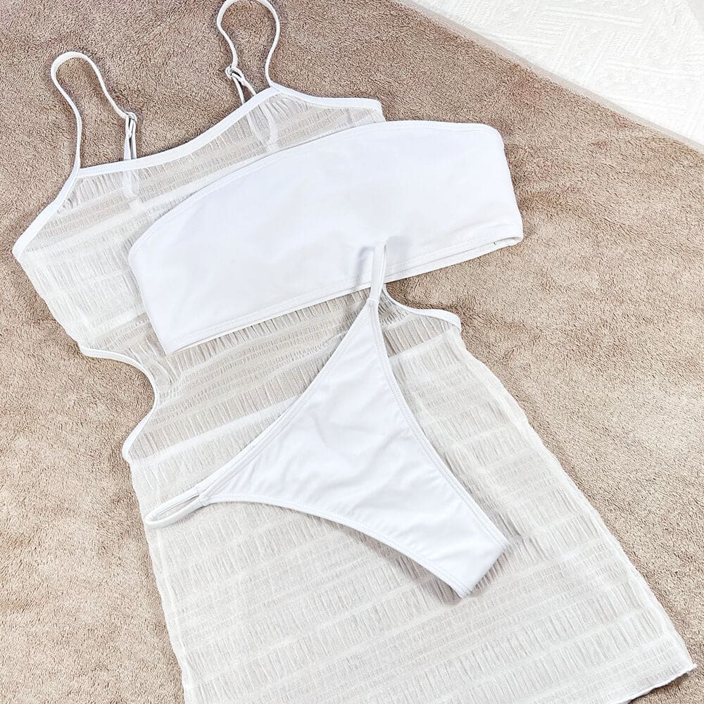 Sheer Cover Up Bandeau Brazilian Three Piece Swimsuit - On sale