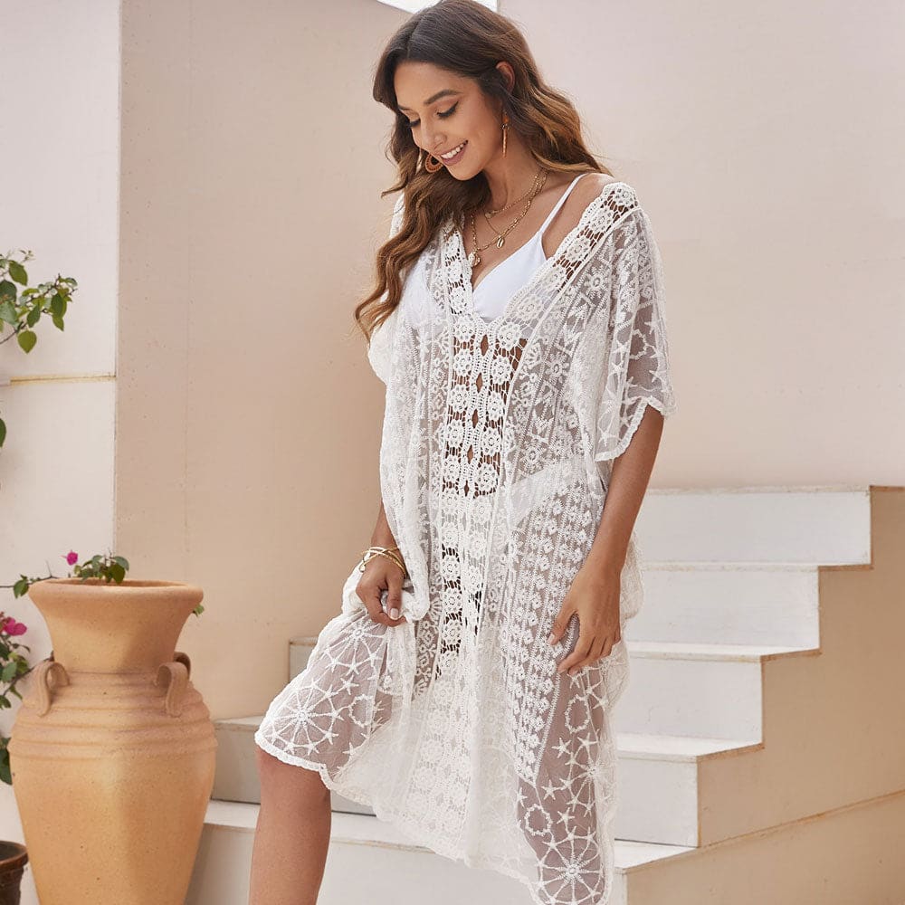 Sheer Lace Scalloped Sleeved Crochet Beach Cover Up - White / One Size On sale