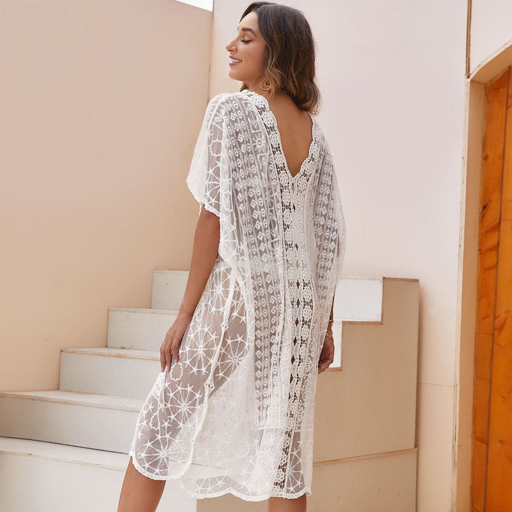 Sheer Lace Scalloped Sleeved Crochet Beach Cover Up - White / One Size On sale