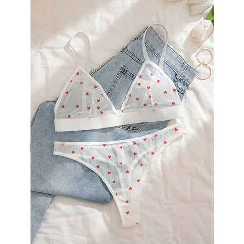 Sheer mesh triangle bikini set, white with red heart print and white trim