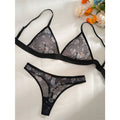 Black sheer mesh triangle bikini set, daisy floral print with black trim and thong