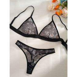 Black sheer mesh triangle bikini set, daisy floral print with black trim and thong