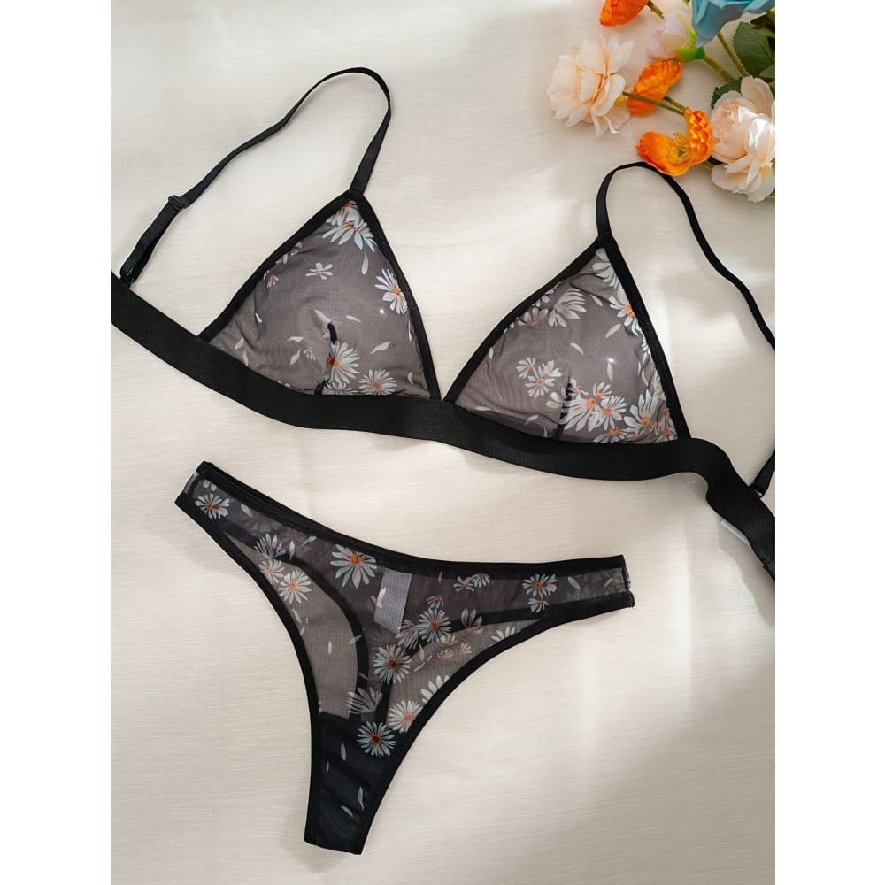 Sheer Mesh Floral Heart Bikini Set – Sexy Triangle Swimwear - Black / S On sale