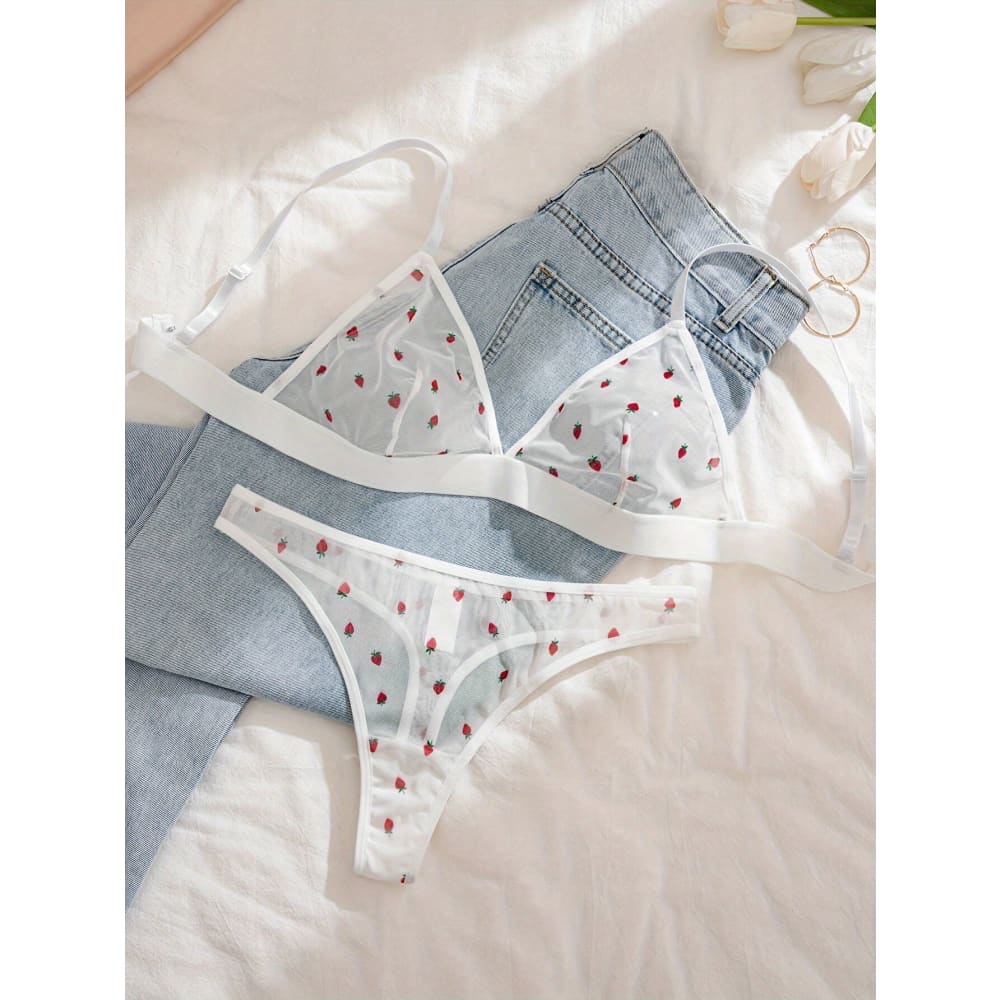 Sheer Mesh Floral Heart Bikini Set – Sexy Triangle Swimwear - Strawberry Print / S On sale