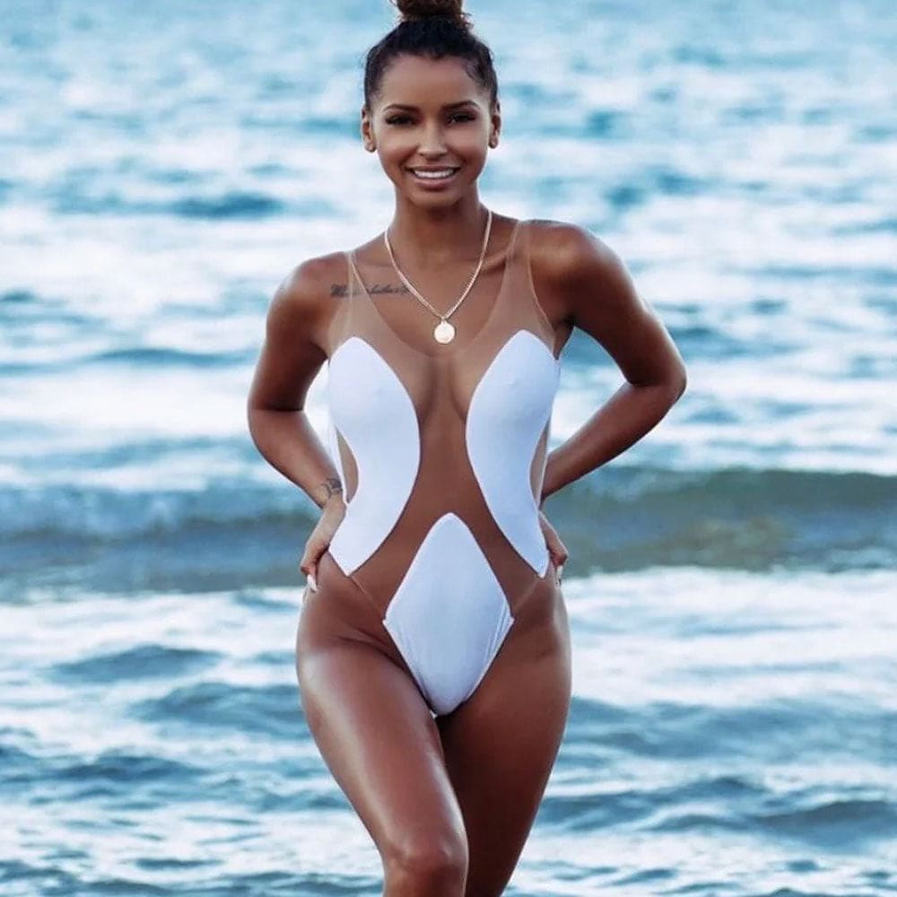 Sheer Mesh Low Back Brazilian One Piece Swimsuit - On sale