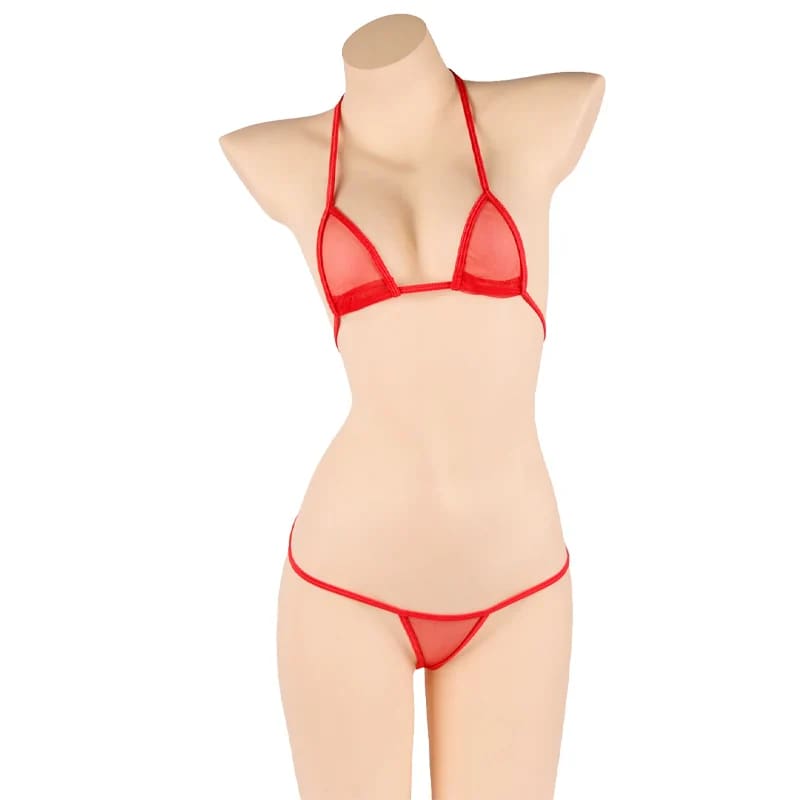 Sheer Mesh Micro Bikini Set – Transparent G-String - Red / Size fits all On sale