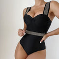 Shimmery Crystal Sweetheart Underwire Brazilian One Piece Swimsuit - Black / S On sale