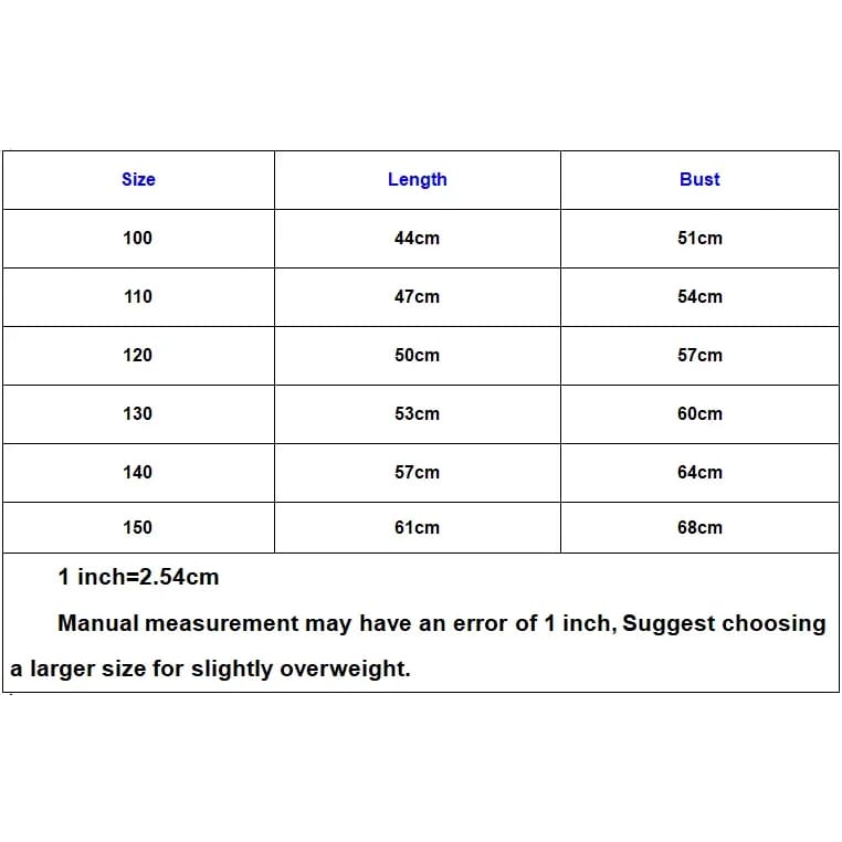 Size chart for kids 100–150: length 44–61cm, bust 51–68cm