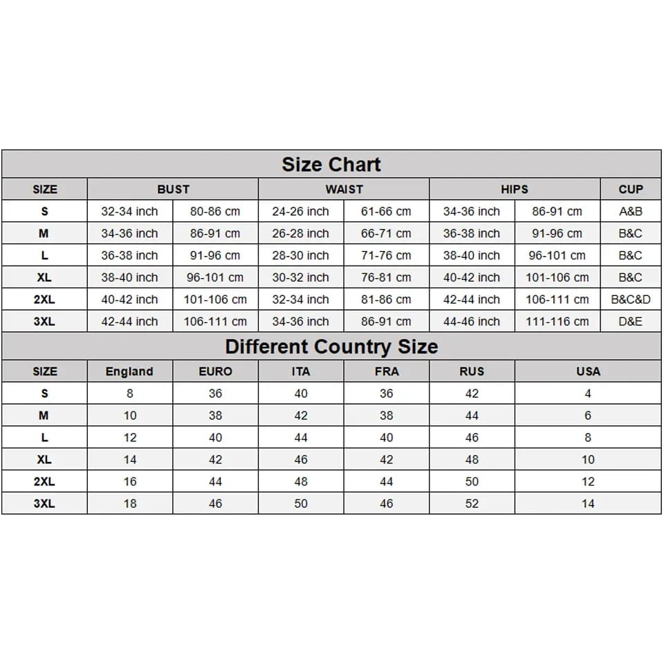 Sunnybikinis size chart for women’s tankini swim dress: bust, waist, hips, cup