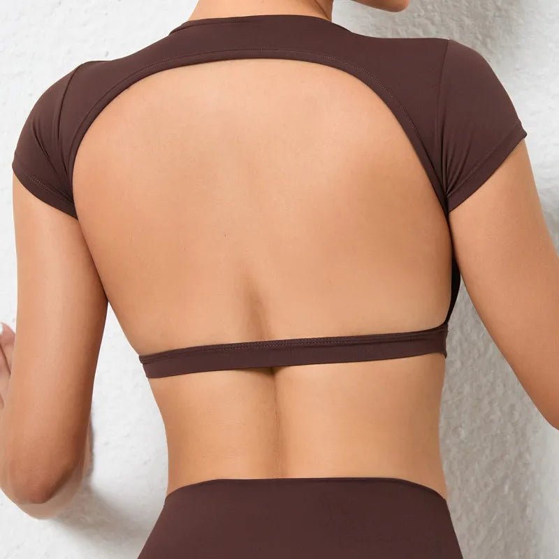 Brown backless sports crop top with back band and short sleeves