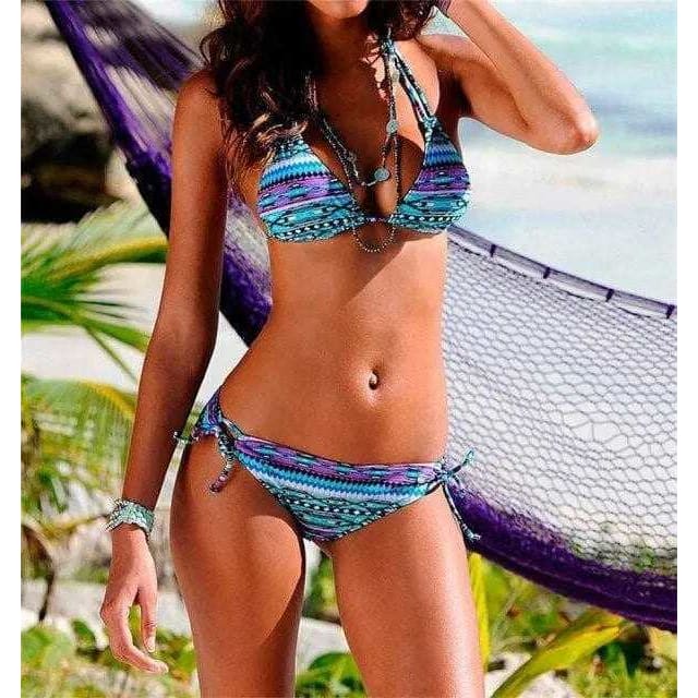 Sliding Triangle Halter Tie Side Strings Floral Printed Bikini Swimsuit - 04 / L On sale