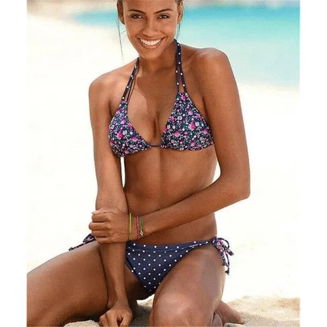 Sliding Triangle Halter Tie Side Strings Floral Printed Bikini Swimsuit - 07 / XL On sale