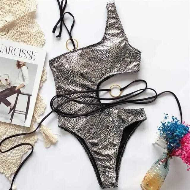 Snake One Shoulder High Leg Cut Out Piece Swimsuit - On sale