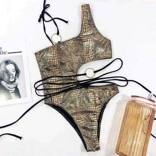Snake One Shoulder High Leg Cut Out Piece Swimsuit - Gold / L On sale