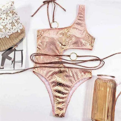 Snake One Shoulder High Leg Cut Out Piece Swimsuit - Pink / L On sale